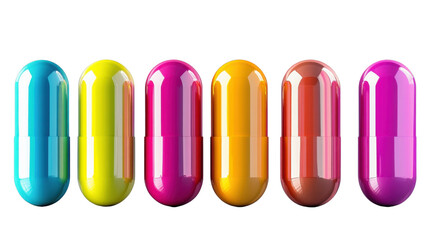 Colorful medical capsules forming a horizontal line are waiting to be swallowed
