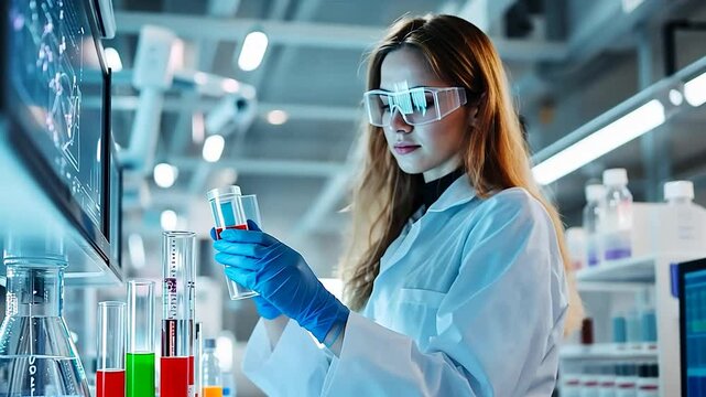 Female scientist in a lab analyzing samples with colorful liquids in test tubes and equipment