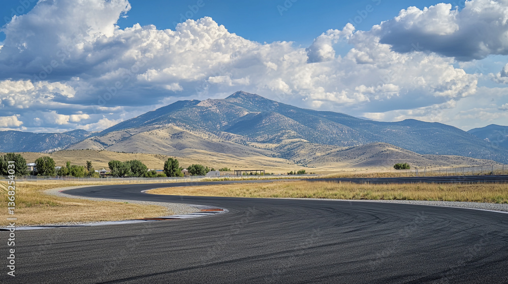 Poster asphalt race track curve with mountain range and cloudy sky in the background on a sunny day view