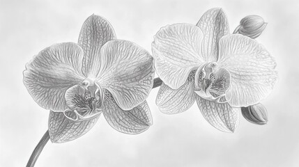 Drawing of Two Orchid Flowers with Buds in Black and White