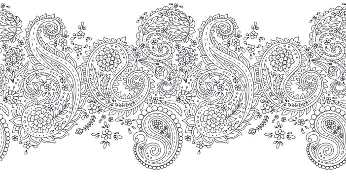 Seamless border with black and white paisley floral pattern. Intricate eastern vintage background. Bohemian monochrome textile design.