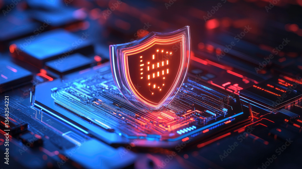 Aufkleber cybersecurity protection shield digital circuit board graphic design neon environment close-up angle