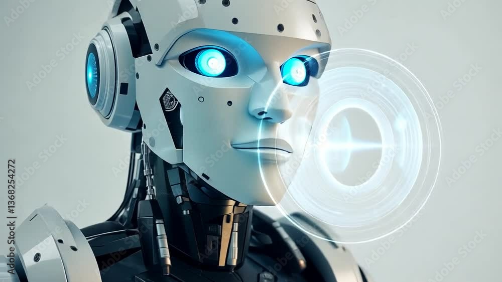 Poster futuristic robot interacts with holographic display in modern setting generative ai
