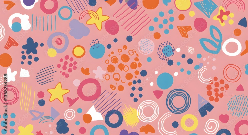 Poster playful abstract pattern with colorful geometric shapes and hand drawn style