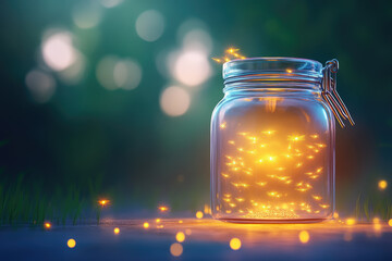 Captivating fireflies in a jar outdoor night scene nature photography enchanted atmosphere close-up view magical concept