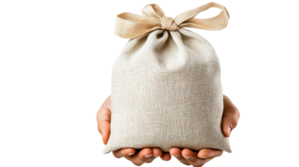 Beige sack with ribbon in hands, cut out transparent