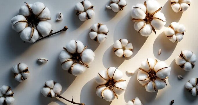 Cotton flower branch set against a white background. Overhead view.