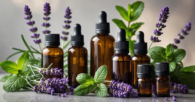 Various essential oils in dark amber bottles with glass droppers, along with mint leaves and lavender flowers as product components. Concept of aromatherapy and alternative medicine.
