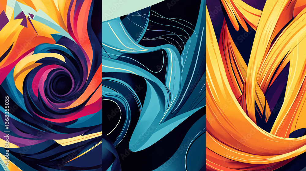 Poster captivating colorful abstract painting featuring swirling forms blending harmoniously with geometric