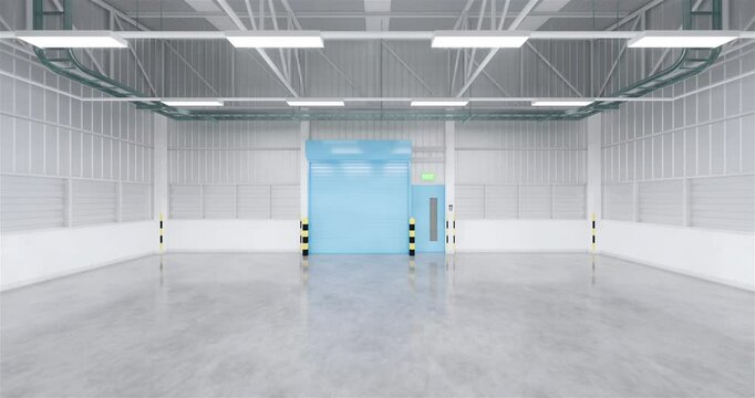 3d rendering of industry building interior. Construction by metal steel, concrete floor. Include shutter door or roller shutter, empty space. Modern factory, warehouse, hangar suit for background.