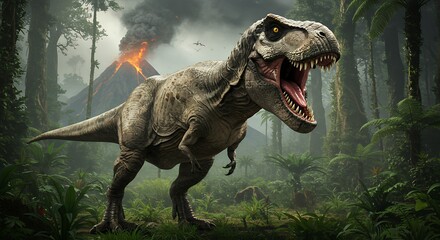 Tyrannosaurus Rex Roaring in Prehistoric Jungle with Volcano Background