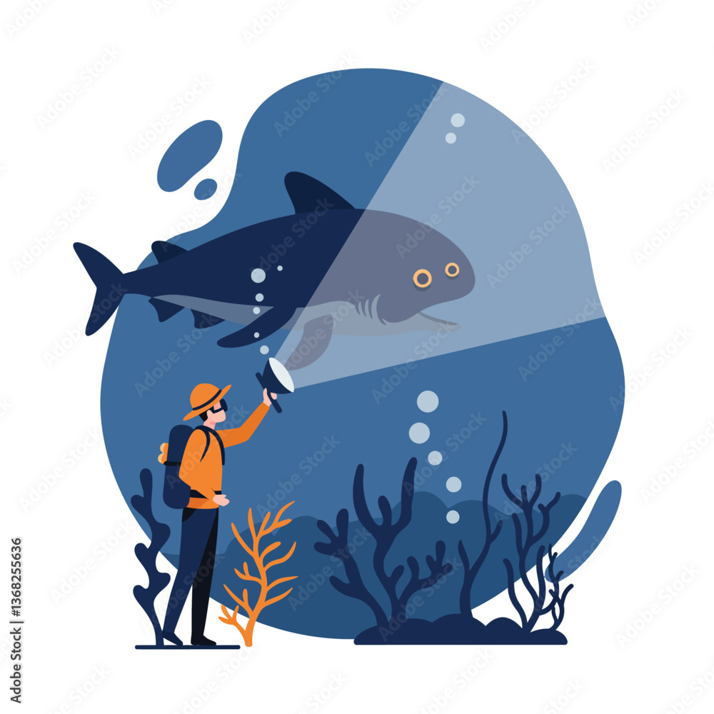 Poster diver exploring underwater scene with shark in flat vector art style
