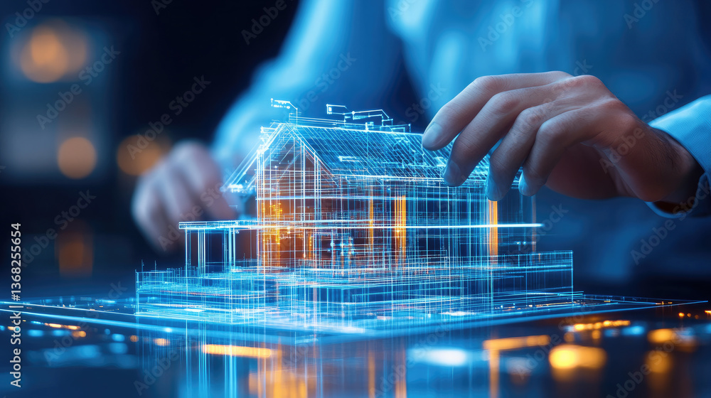 Poster innovative digital home design process virtual studio 3d model visualization futuristic environment 