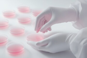 Scientist handling petri dish with pink substance in laboratory for medical research