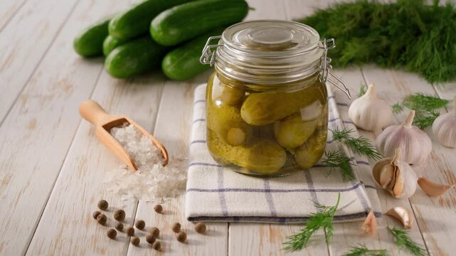 Glass jar of pickled cucumbers and ingredients on wooden table. Marinated cucumbers gherkins. Pickles with dill, salt and garlic.
