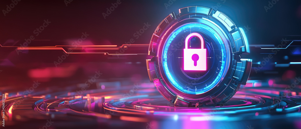Poster cybersecurity action digital lock icon virtual environment graphic design futuristic viewpoint conce