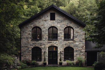 Fototapeta premium Charming stone house surrounded by lush greenery in the early evening light, showcasing classic architecture and tranquil setting in a rural location