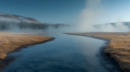 Serene morning mist over a winding river in a tranquil landscape with distant mountains