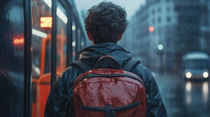A solitary traveler with a red backpack waits in the rain at a bus stop in a bustling urban environment