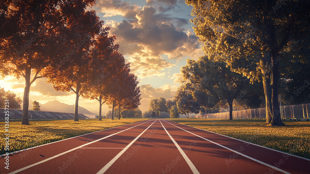 Poster a running track stretches into the distance lined with trees under a cloudy sky at sunset hour