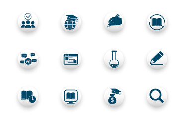 Solid vector icon set with global education icons, books, chatbot technology, learning finance, research.