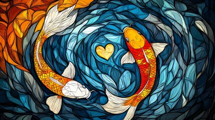 Stained glass style artwork of two koi fish swimming in swirling blue water, floating heart, symbolizing harmony, duality, and balance in a vibrant artistic water design
