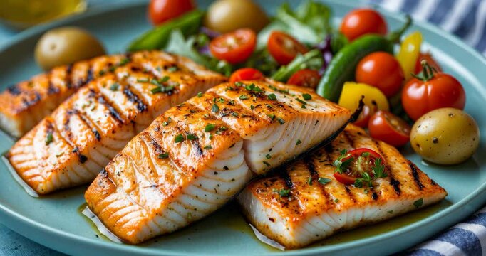 Tasty fish fillets prepared in a spicy marinade and accompanied by fresh salad and baby potatoes as a seafood starter for dinner.