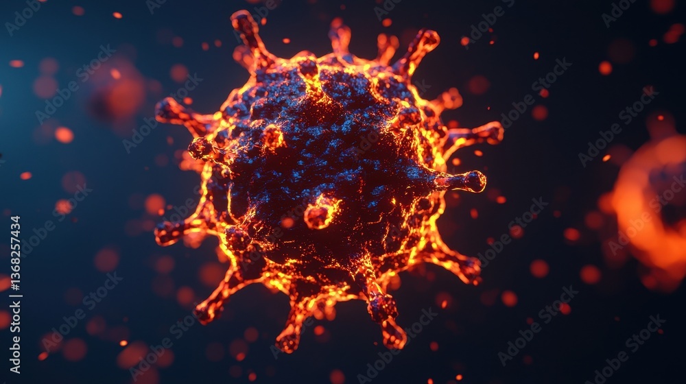 Poster microscopic cancer cell concept. 3d rendering of a virus molecule with glowing features and particle