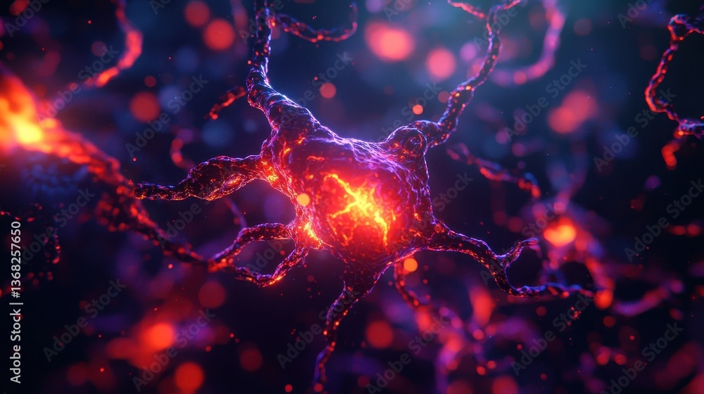 Poster microscopic cancer cell concept. abstract neuron structure with glowing elements in a dark backgroun