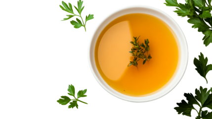 Delicious vegetable soup in bowl, thyme, parsley, cut out transparent