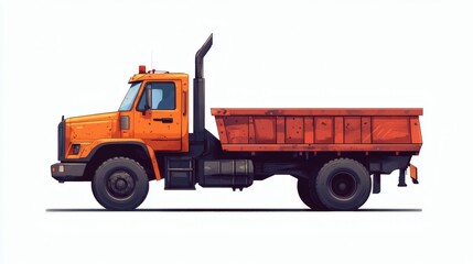 Orange dump truck illustration, side profile, isolated on white background.