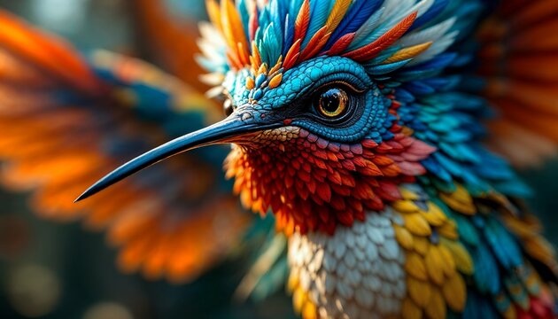 Colorful Hummingbird Close Up Portrait with Detailed Plumage and Eye