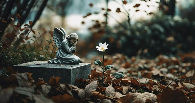 A tiny angel figurine sits on a tomb surrounded by fallen leaves, its head lowered in prayer. This serene and poignant image represents remembrance, tranquility, and an everlasting bond.