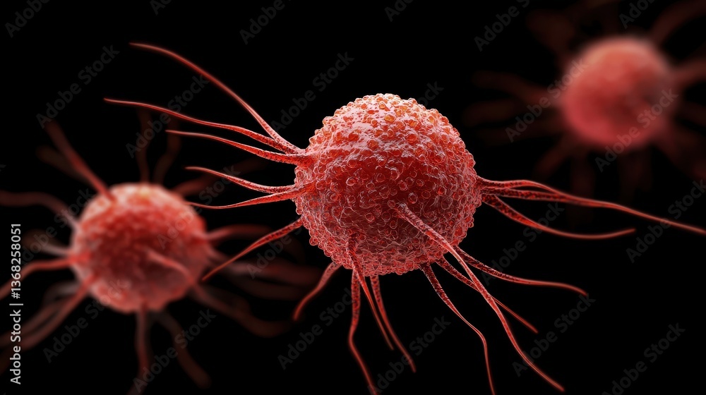 Poster microscopic cancer cell concept. microscopic view of red blood cells with filamentous projections.