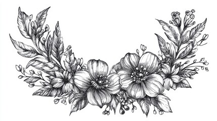 Floral Wreath Graphic Illustration with Delicate Flowers and Leaves