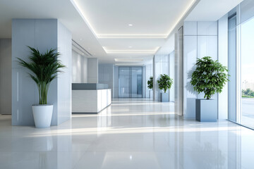 Contemporary office reception area urban setting interior design spacious environment wide-angle view modern aesthetics
