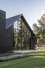 Modern architectural design showcases large glass windows and sharp angles in a contemporary home surrounded by greenery on a clear day