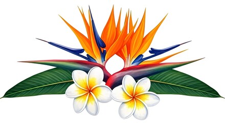 Obraz premium A watercolor floral mix of vibrant bird of paradise and frangipani blossoms, AI Generated