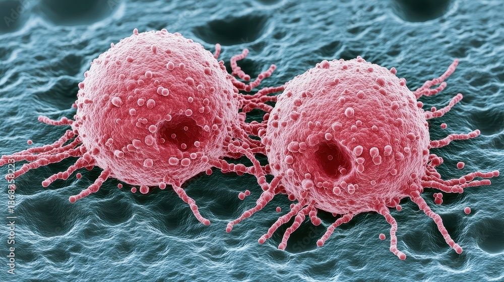 Poster microscopic cancer cell concept. microscopic view of two cancer cells in a textured environment.