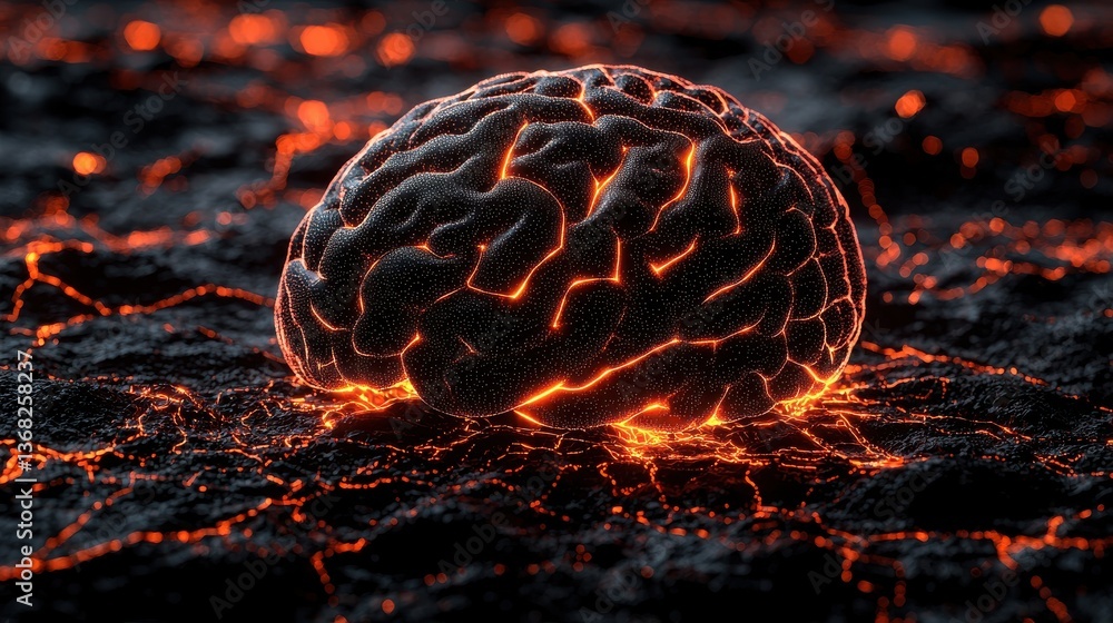 Poster stunning digital representation of a brain with glowing lava texture exhibit of neural connectivity 