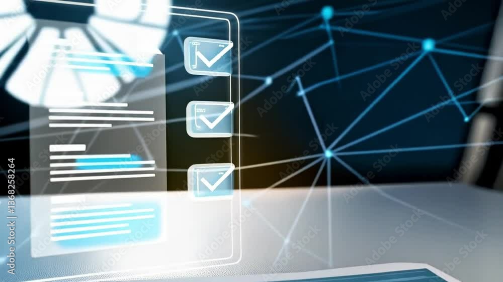 Poster Hand interacting with digital checklist and document on a futuristic interface screen display