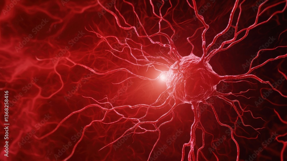 Poster microscopic cancer cell concept. abstract neural network illustration on a red background.