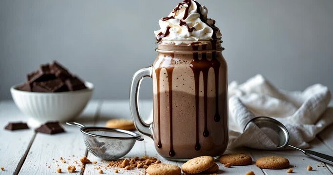 Concept of tasty cuisine featuring chocolate milkshake on a white wooden surface