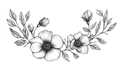 Floral Border Sketch with Flowers Buds and Leaves in Elegant Style