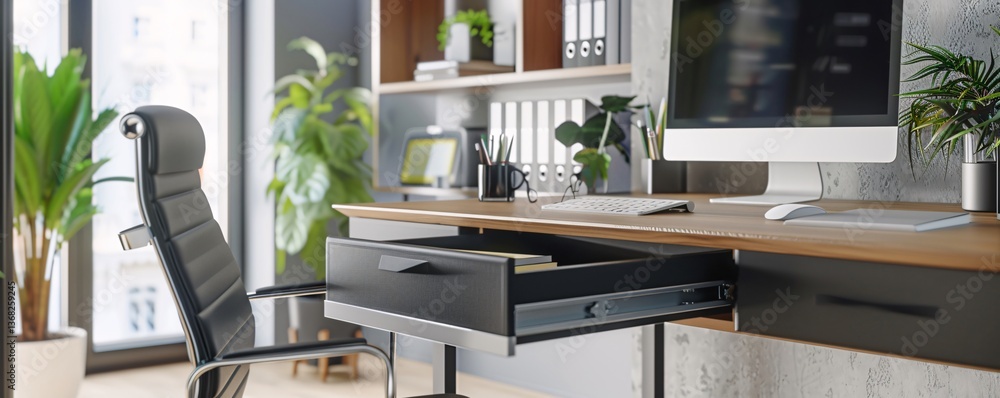 Aufkleber Modern office desk with open drawer revealing storage organization in a bright workspace