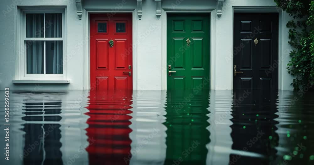 Poster flooded structures with red and green doors mirrored in the water. climate change and environmental 
