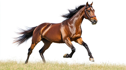 Obraz premium A brown horse with a bridle running in a grassy field against a white background in a horizontal shot