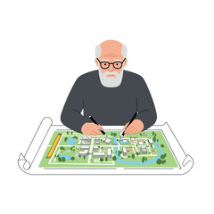Elderly man sketching architectural plans in flat vector art style for urban development