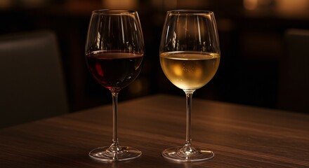 Elegant wine glasses gleam warmly on dark wood table. AI Generated