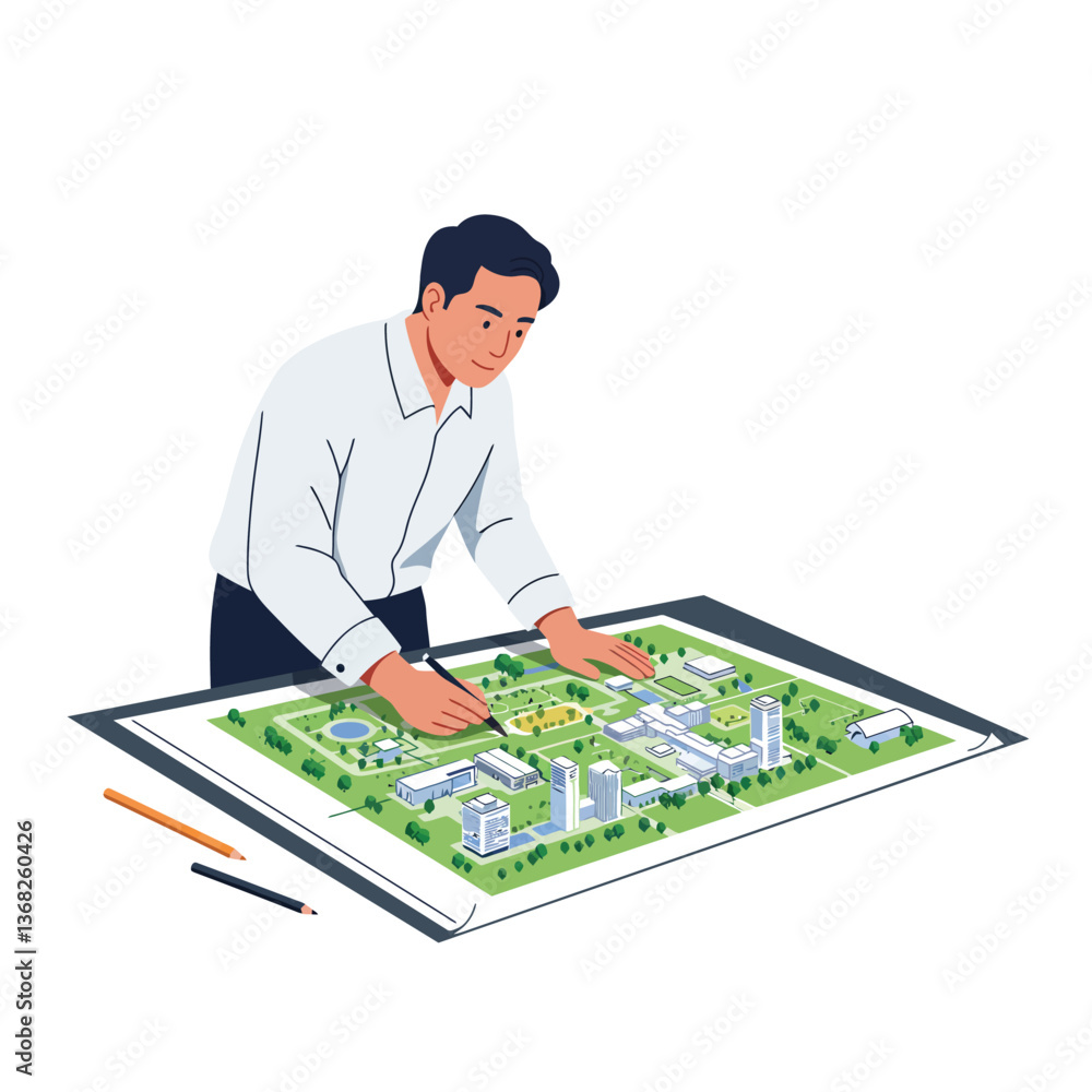 Poster man analyzing architectural layout with detailed elements in flat vector art